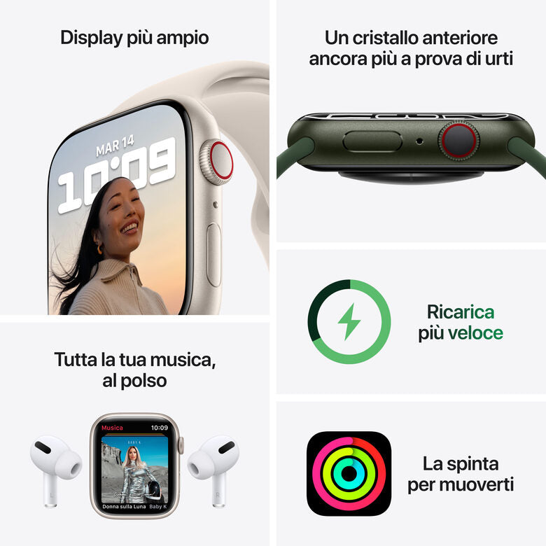 Apple Watch Series 7 GPS + Cellular, 45mm Cassa in Alluminio Verde con Cinturino Sport Verde