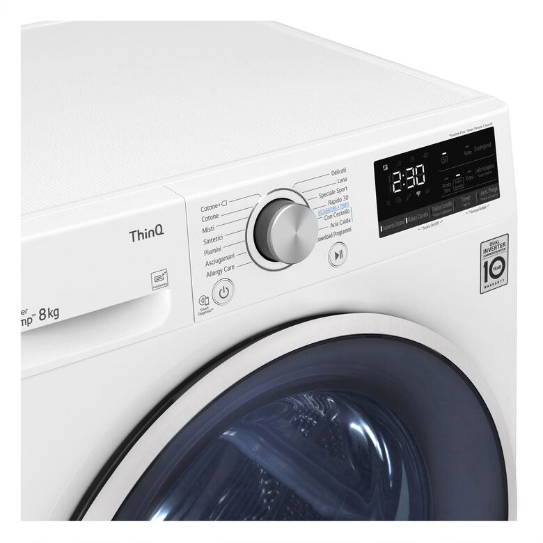 LG RH80V9AVHN Serie V9 Asciugatrice A Libera Installazione 8 Kg, Pompa Di Calore, Dual Inverter, Eco Hybrid, Condensatore Autopulente, Wi-Fi, Classe C, Bianco