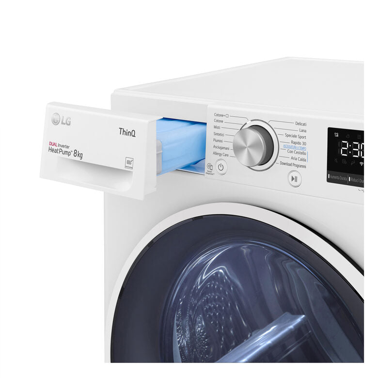 LG RH80V9AVHN Serie V9 Asciugatrice A Libera Installazione 8 Kg, Pompa Di Calore, Dual Inverter, Eco Hybrid, Condensatore Autopulente, Wi-Fi, Classe C, Bianco