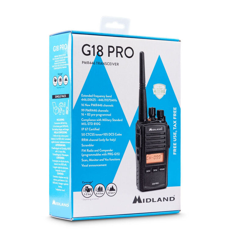 Midland G18 Pro ricetrasmittente 99 canali 446.00625 - 446.19375 MHz Nero