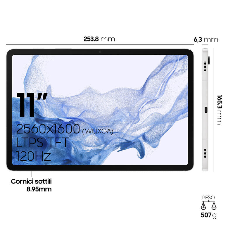 Samsung Galaxy Tab S8 Tablet Android 11 Pollici 5G RAM 8 GB 128 GB Tablet Android 12 Silver
