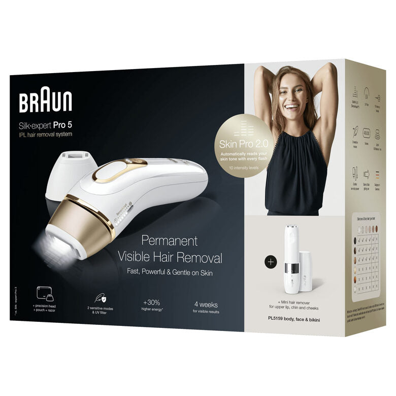 Braun Silk-expert Pro Silk expert Pro 5 PL5159, Epilatore A Luce Pulsata Donna, Per La Rimozione Permanente Dei Peli Visibili A Casa Tua, Bianco/Oro