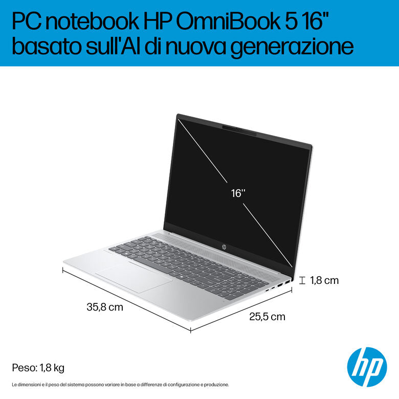 HP OmniBook 5 Laptop Next Gen AI 16-ag1034nlx Copilot+ PC AMD Ryzen AI 5 330 Computer portatile 40,6 cm (16") 2K 16 GB LPDDR5x-SDRAM 512 GB SSD Wi-Fi 6 (802.11ax) Windows 11 Home Argento
