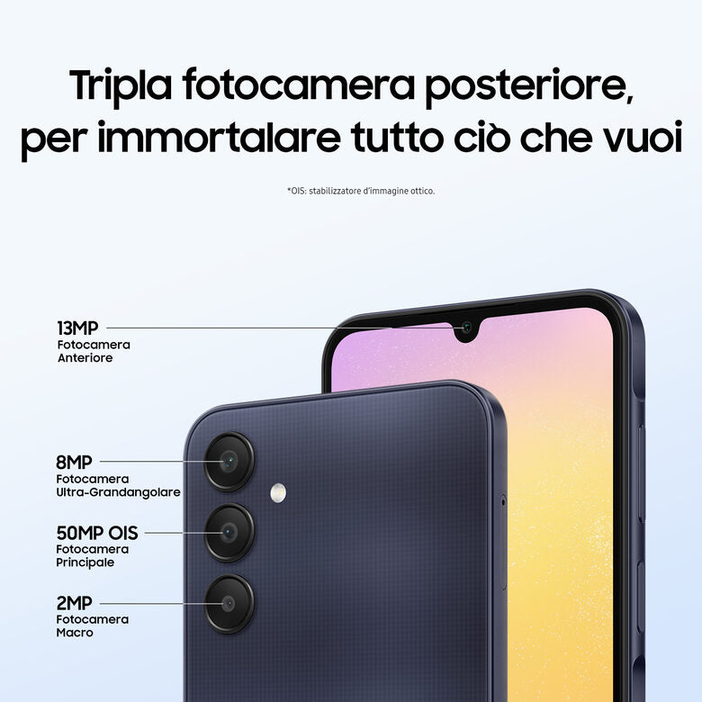 Samsung Galaxy A25 5G Display sAMOLED 6.5" FHD+, Android 14, 6GB RAM, 128GB, Batteria 5.000 mAh, Memoria espandibile fino a 1TB, Blue Black
