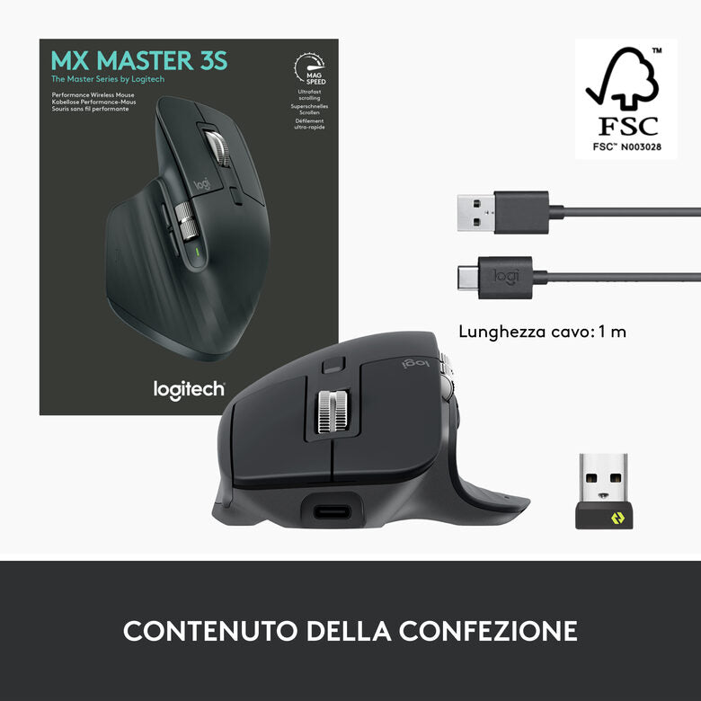 Logitech MX Master 3S mouse Mano destra RF senza fili + Bluetooth Ottico 8000 DPI