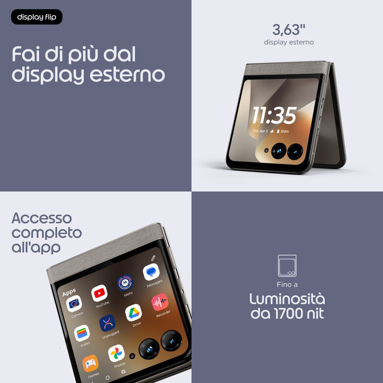Motorola razr 70 (8/256GB, Doppia camera 50MP, Display interno FHD+ 6.9" 120Hz e esterno 3.62", MediaTek Dimensity 7450X, 4800mAh, TurboPower 30W, Android 16), PANTONE Hematite