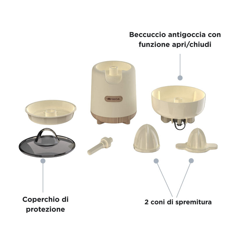 Ariete 417 Spremiagrumi Breakfast Wood, 40W, Effetto Legno, 2 Coni, Beccuccio Antigoccia, Attivazione a Pressione, Beige