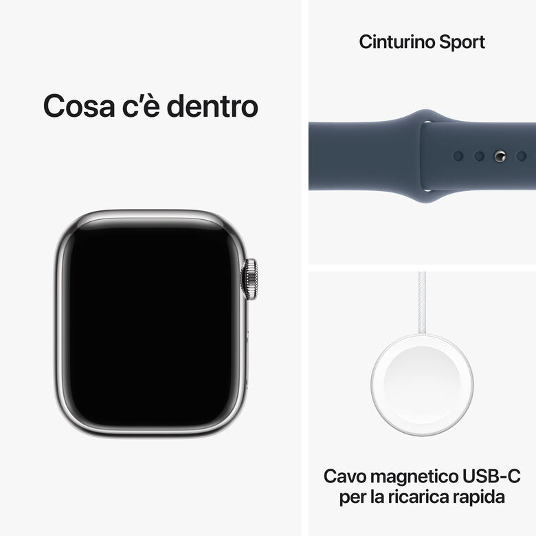 Apple Watch Series 9 GPS + Cellular Cassa 41mm in Acciaio inossidabile con Cinturino Sport Blu Tempesta - M/L