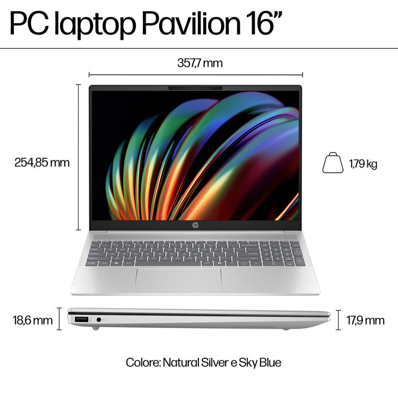 HP Pavilion 16-af0012nl Intel Core Ultra 5 125U Computer portatile 40,6 cm (16") 2K 16 GB LPDDR5-SDRAM 512 GB SSD Wi-Fi 6 (802.11ax) Windows 11 Home AI PC Argento
