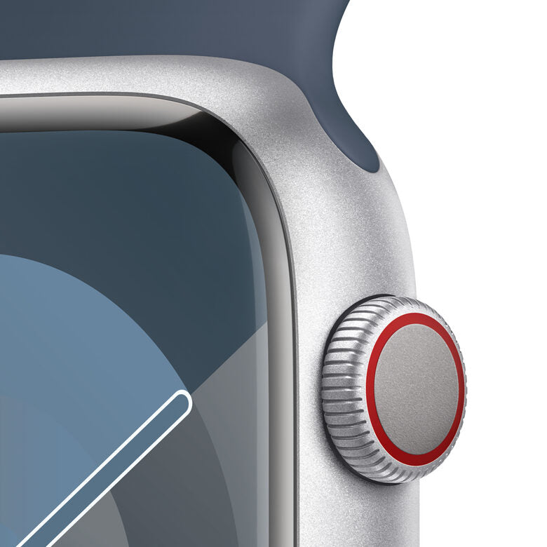 Apple Watch Series 9 GPS + Cellular Cassa 45mm in Alluminio Argento con Cinturino Sport Blu Tempesta - M/L