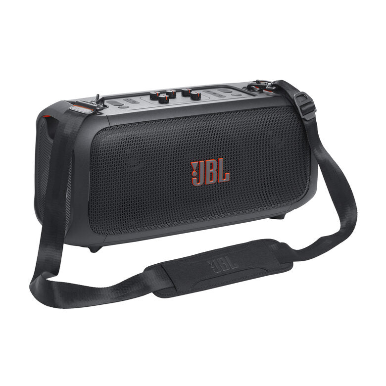 JBL PartyBox On-the-Go Essential Speaker Portatile Wireless per Feste, con Luci Integrate e Bassi Profondi, Protezione Splashproof IPX4, Microfono Wireless, Tracolla per Trasporto, Nero