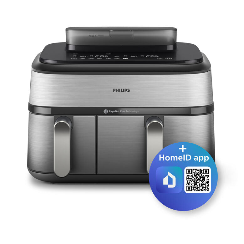 Philips NA555/00 Friggitrice ad Aria doppio cestello con cottura a vapore, 5000 series, 9 litri, 19 metodi di cottura, App per ricette