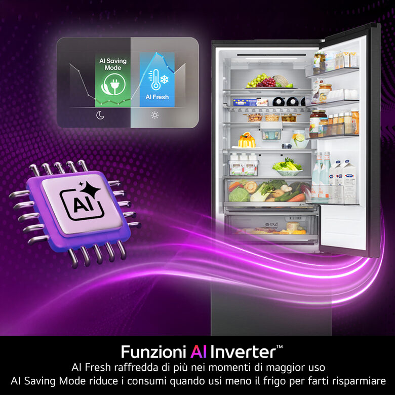 LG GBBS726AMB Frigorifero Combinato A Libera Installazione, AI Inverter, Metal Sorbet, Total No Frost, Fit & Max, Classe A, Inox