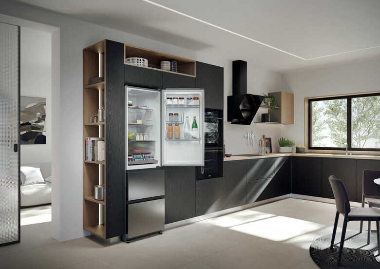 Haier HTR3518ENMX Frigorifero Combinato A Libera Installazione, No Frost, Tecnologia Haier Air Surround, Cassetti Direct Access, Classe E, Acciaio Inox