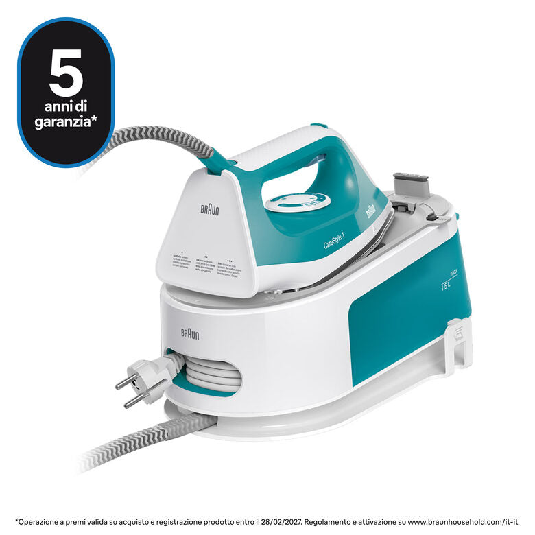 Braun CareStyle 1 - Ferro da stiro con caldaia, Piastra con tecnologia FreeGlide3D, 2400W, 1.5L, Bianco/Turchese (IS1013GR)