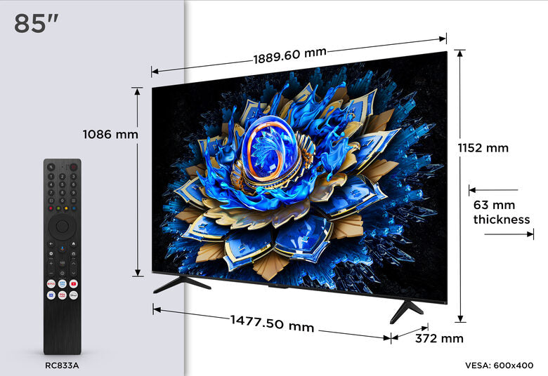 TCL T69C 85T69C 85" QLED, TV Direct LED, TV 4K HDR, Smart TV alimentata da Google TV (Dolby Vision & Atmos, Game Master, Motion Clarity, audio Onkyo 2.1, compatibile con Google Assistant e A)