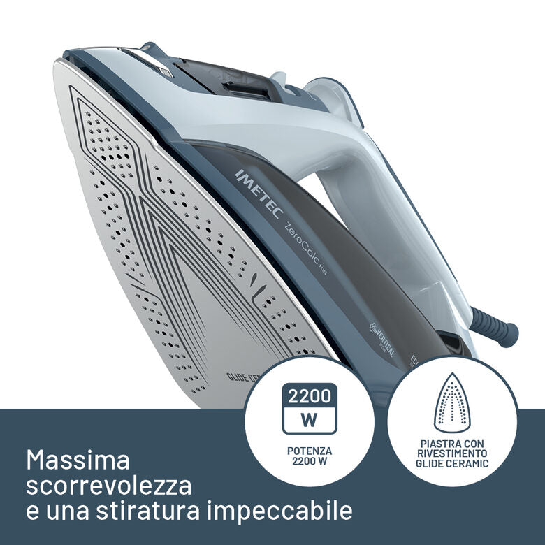 Imetec Zerocalc Power, Ferro da Stiro a Vapore, 2200 W, Piastra Glide Ceramic, Doppia protezione anticalcare con Zerocalc 2X, Colpo Vapore 150 g