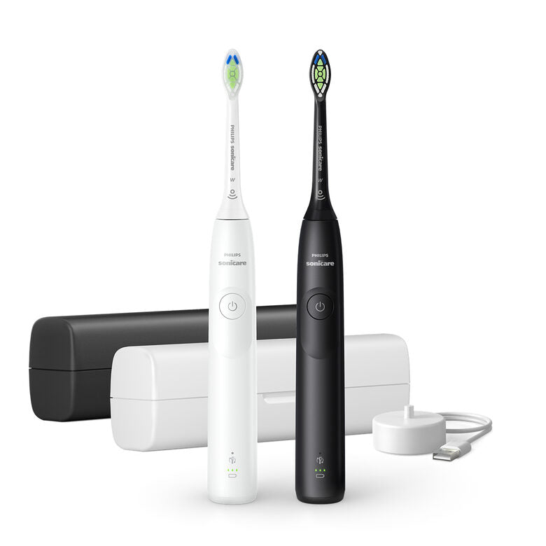 Philips 5300 Series Sonicare spazzolino elettrico sonico con base di ricarica e custodia, 2 livelli di intensità, sensore di pressione confezione da 1 spazzolino bianco e 1 spazzolino nero H