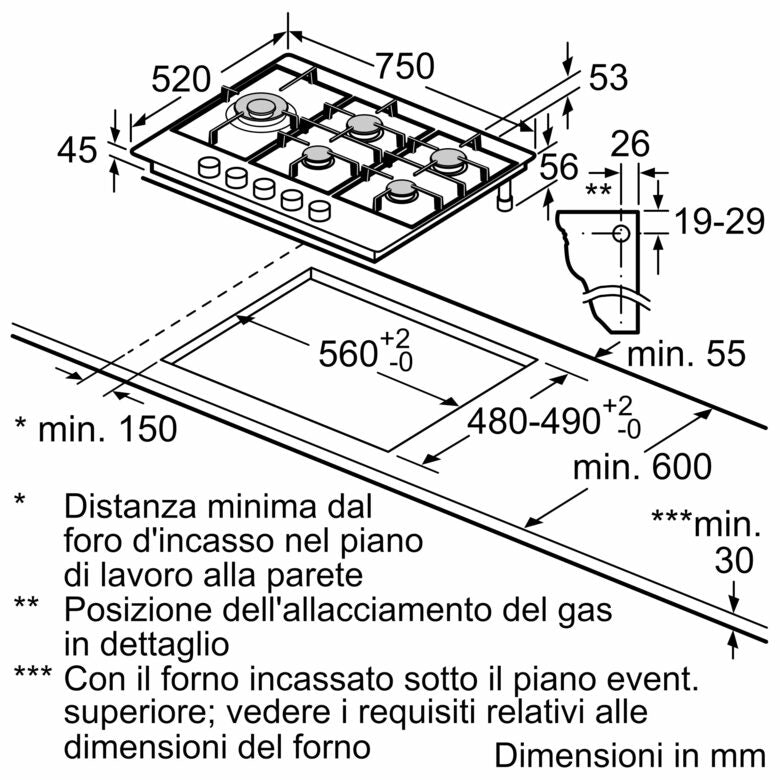 Bosch Serie 6 PCS7A5I90 Piano cottura a gas 75 cm 5 fuochi Acciaio Inox