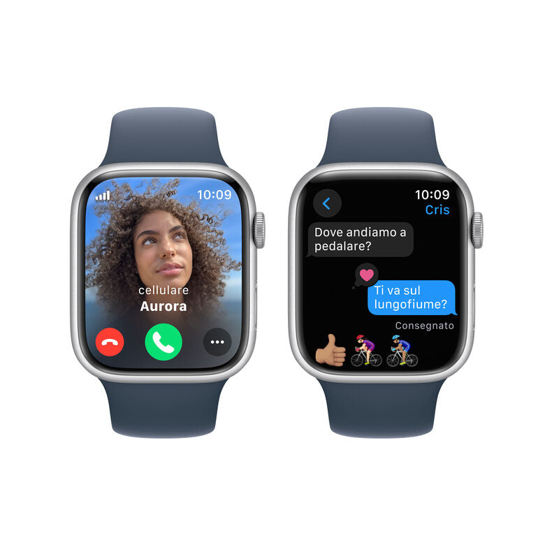 Apple Watch Series 9 GPS + Cellular Cassa 45mm in Alluminio Argento con Cinturino Sport Blu Tempesta - M/L