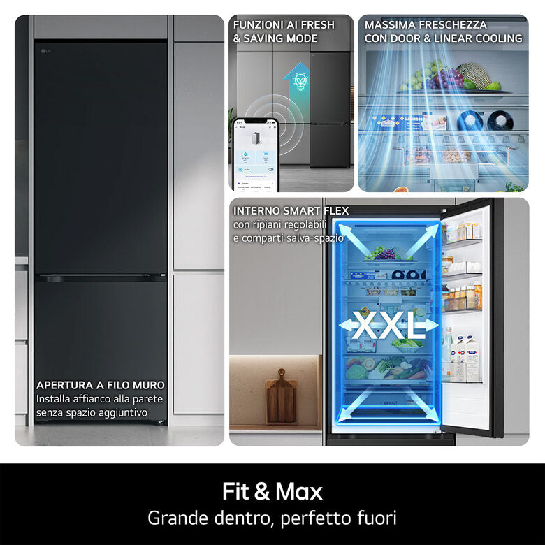 LG GBBS726AMB Frigorifero Combinato A Libera Installazione, AI Inverter, Metal Sorbet, Total No Frost, Fit & Max, Classe A, Inox