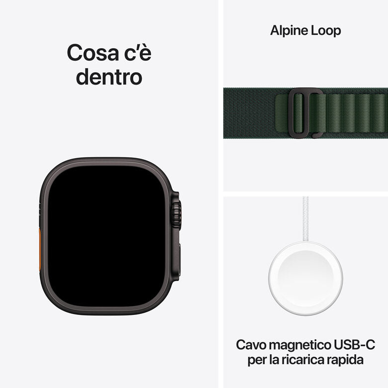 Apple Watch Ultra 2 GPS + Cellular 49mm Cassa Titanio Nero con Dark Green Alpine Loop - Medium