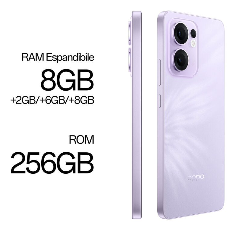 OPPO Reno13 F 5G AI Smartphone, Tripla fotocamera 50+8+2MP, Selfie 32MP, Display 6.67” 120HZ AMOLED FHD+, 5800mAh, RAM 8GB(Esp4GB/6GB/8GB)+ROM 256GB, [Versione Italia], Plume Purple