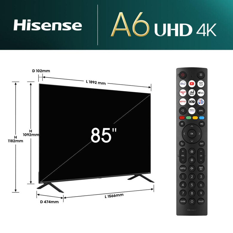 Hisense 85A69N Televisione Smart TV 85 Pollici Led 4K Uhd Ai Upscaler