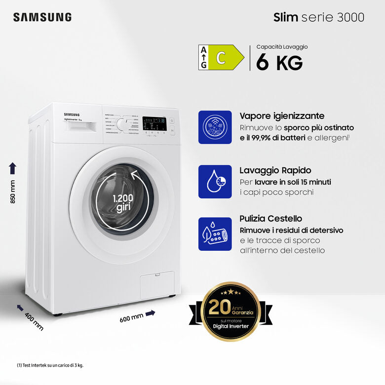 Samsung WW60A3120WE/ET lavatrice slim a caricamento frontale 6 kg Classe C 1200 giri/min, Porta bianca + Panel bianco