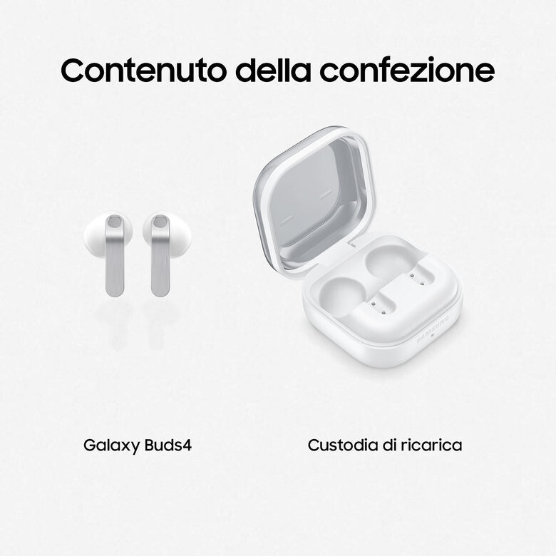 Samsung Galaxy Buds4, White, Corpo in metallo, Altoparlante a 1 via, equalizzatore adattivo, Chiamate cristalline, Audio a 360°, ANC, Controllo adattivo del rumore Connessione senza interruz