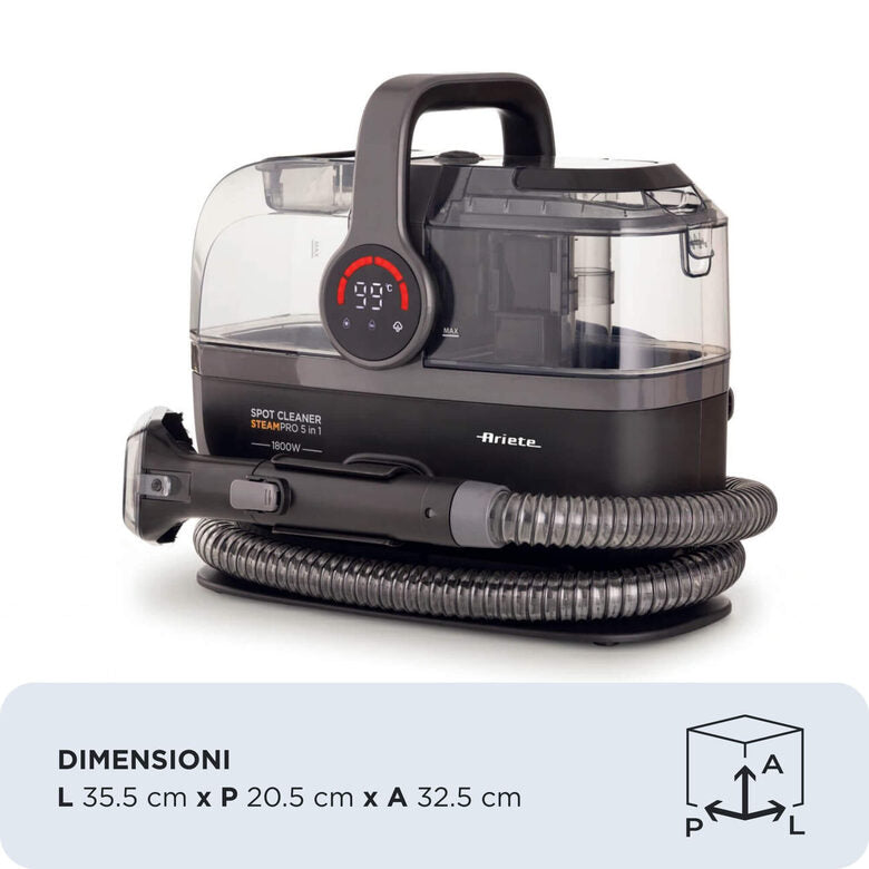 Ariete 2484 Spot Cleaner Steam PRO 5in1, Lavatappeti e pulitore a vapore, Elimina macchie da interni Auto, Divani, Moquette, Materassi, tappeti, 1800W, 3 modalità di pulizia, Elevata potenza