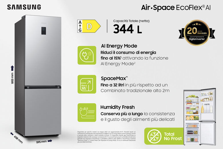 Samsung RB34C672DSA Frigorifero Combinato A Libera Installazione, No Frost, Tecnologia Spacemax™, All-around Cooling, Ecoflex, Classe D, Grafite Metallico