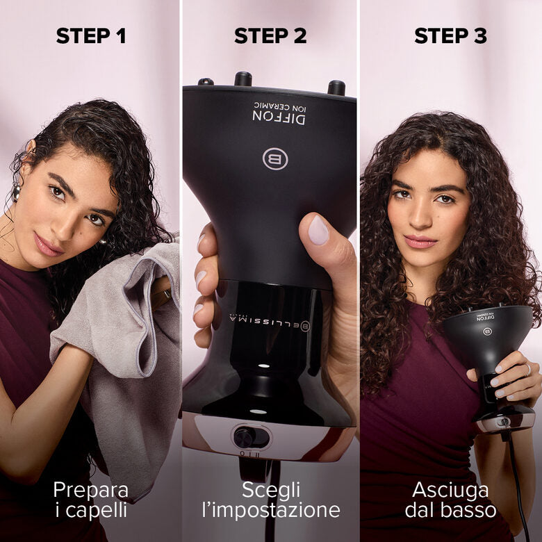 Bellissima Imetec Diffon Ion Ceramic, Diffusore ad Aria Calda per Capelli Ricci, Tecnologia Ion Ceramic, Doppio voltaggio, 700 W, 2 Combinazioni Aria/Temperatura, Asciugatura Delicata Senza