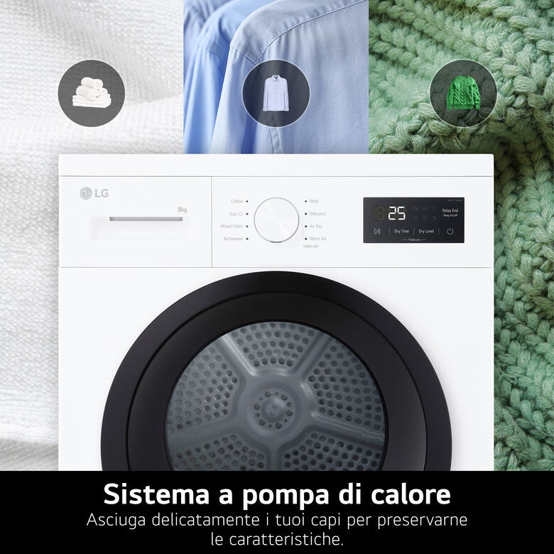 LG RNA1008NWK Asciugatrice 8kg Pompa di calore, Classe D, 8 programmi, Sensore asciugatura