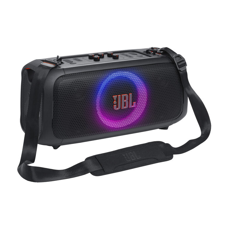 JBL PartyBox On-the-Go Essential Speaker Portatile Wireless per Feste, con Luci Integrate e Bassi Profondi, Protezione Splashproof IPX4, Microfono Wireless, Tracolla per Trasporto, Nero