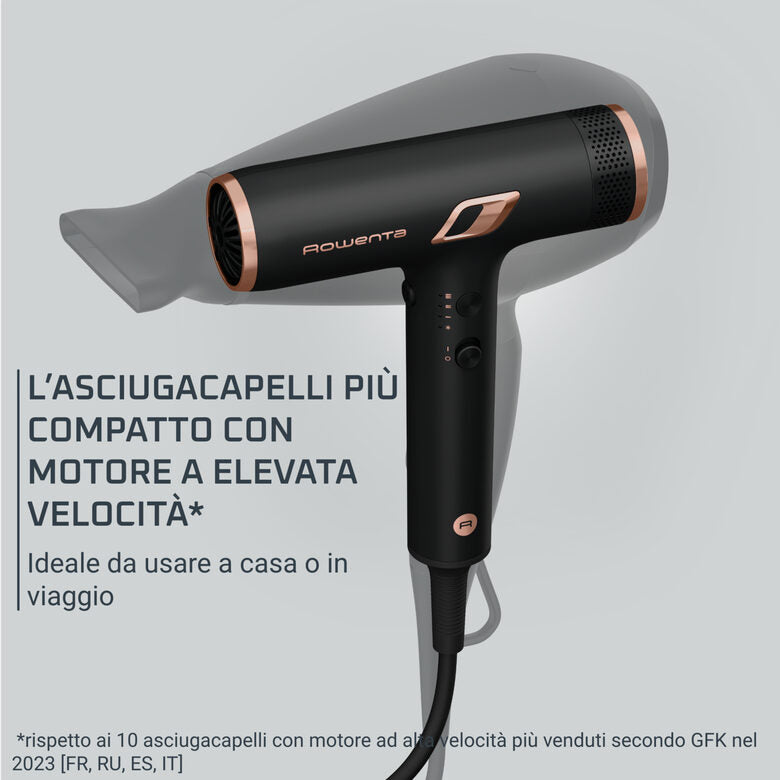 Rowenta Nano Asciugacapelli Brushless Compatto ad Alta Velocità, Boost di Ioni Antistatici e Sensore di Temperatura per Capelli Setosi e Luminosi, 3 Impostazioni di Velocità/Temperatura, HY8