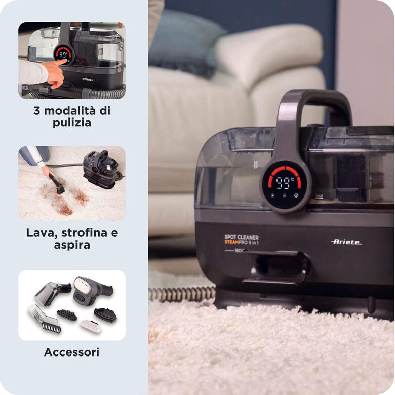 Ariete 2484 Spot Cleaner Steam PRO 5in1, Lavatappeti e pulitore a vapore, Elimina macchie da interni Auto, Divani, Moquette, Materassi, tappeti, 1800W, 3 modalità di pulizia, Elevata potenza