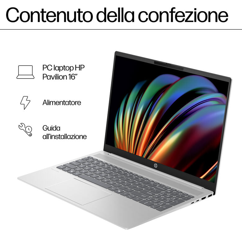 HP Pavilion 16-af0012nl Intel Core Ultra 5 125U Computer portatile 40,6 cm (16") 2K 16 GB LPDDR5-SDRAM 512 GB SSD Wi-Fi 6 (802.11ax) Windows 11 Home AI PC Argento