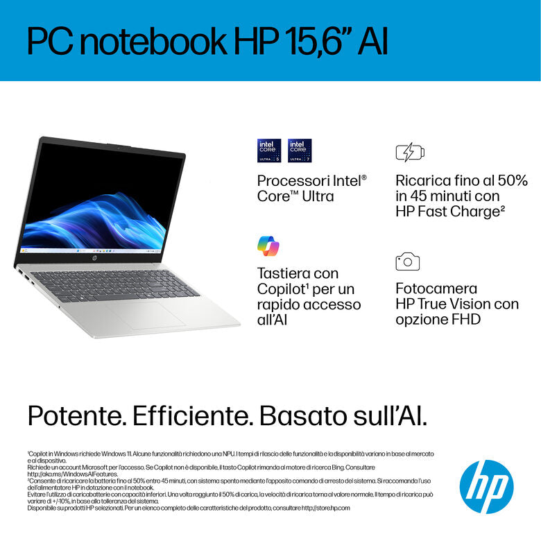 HP AI 15-fd2026nlx Intel Core Ultra 5 225U Computer portatile 39,6 cm (15.6") Full HD 8 GB DDR5-SDRAM 512 GB SSD Wi-Fi 6 (802.11ax) Windows 11 Home AI PC Argento
