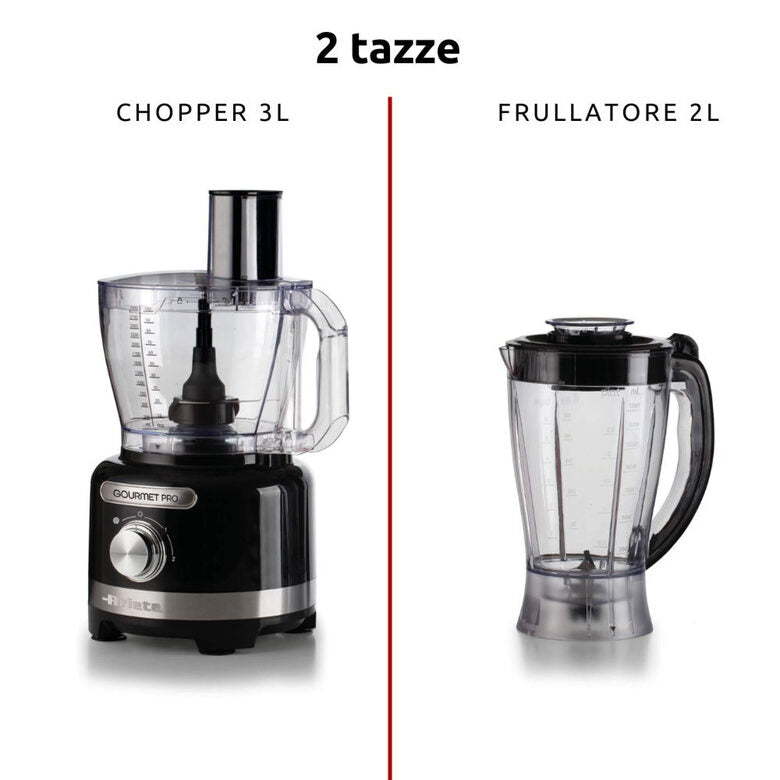 Ariete 1782 Gourmet Pro Moderna, Robot da cucina, Tritatutto 3L, Frullatore 2L, 2 velocità + Pulse, Set di lame + Disco in acciaio inox, Accessorio spremiagrumi, Nero