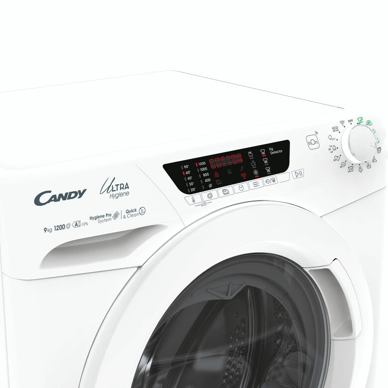 Candy Ultra Hygiene Ultra, Lavatrice Carica Frontale 9 KG, 10% più efficente della classe A, 1200 giri, Bianco, Inverter, Wi-Fi, Ciclo Igiene, HE 1294TWM6/1-S