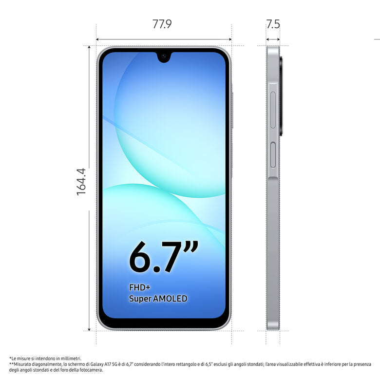 Samsung Galaxy A17 5G, Android 15, Display sAMOLED 6.7", 8GB RAM, 256GB, Batteria 5.000 mAh, Resistenza IP54, Memoria espandibile fino a 2TB, Gray