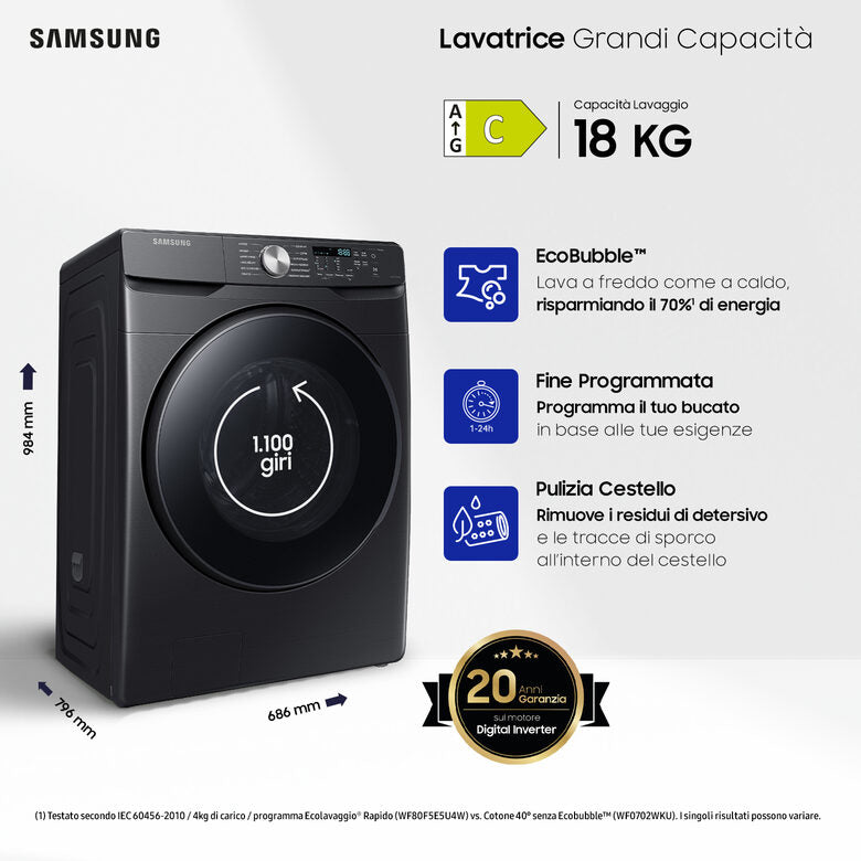 Samsung WF18T8000GV lavatrice Caricamento frontale 18 kg 1100 Giri/min C Nero