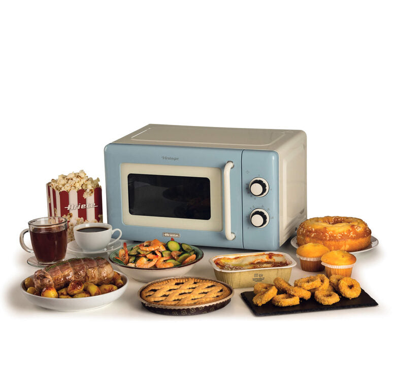 Ariete Linea Vintage 3960 Forno a microonde Vintage, 800W, Capacità 20L, 3 funzioni, 6 livelli di cottura, Timer, Celeste