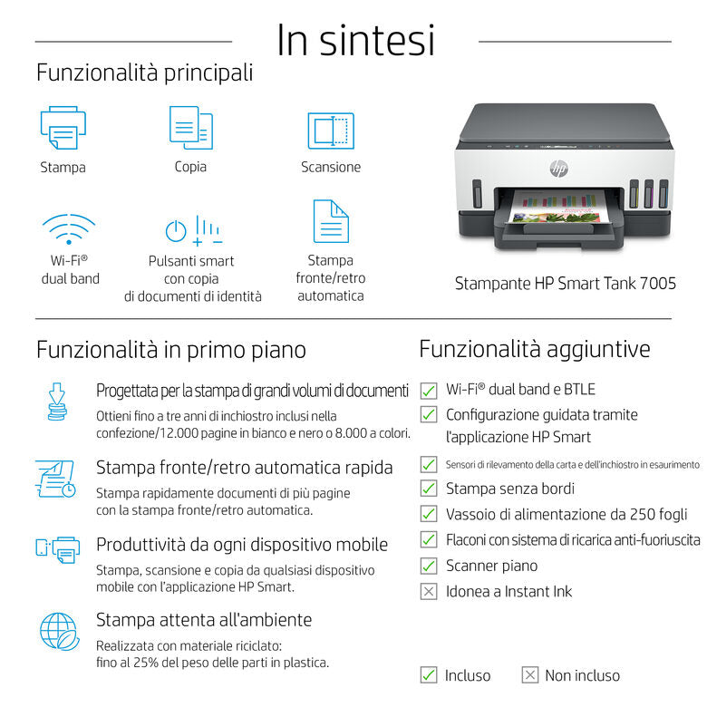 HP Smart Tank 7005 Wireless All-in-One Colore Stampante, Stampa fronte/retro; fotocopiatrice, scanner