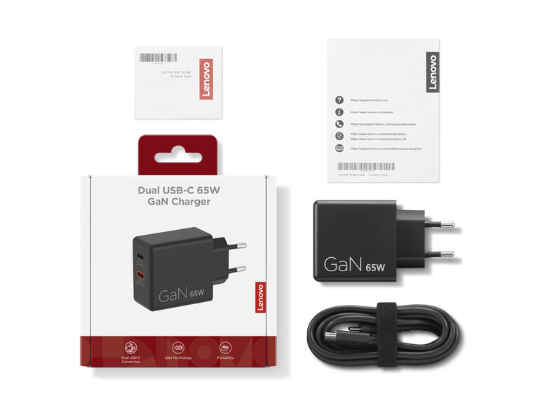 Lenovo Dual USB-C 65W GaN Charger, alimentatore compatto da muro con doppia Type-C, cavo USB-C 1,5 m incluso - ideale per laptop, cellulare e tablet: un solo caricabatterie per più dispositivi