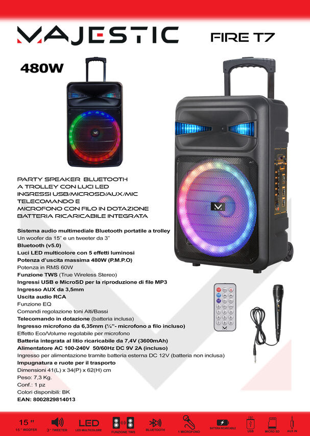 New Majestic Party Speaker A Trolley Bluetooth Con Luci LED, Ingressi USB/MicroSD/AUX/Mic, Telecomando E Microfono Con Filo In Dotazione, Batteria Ricaricabile Integrata