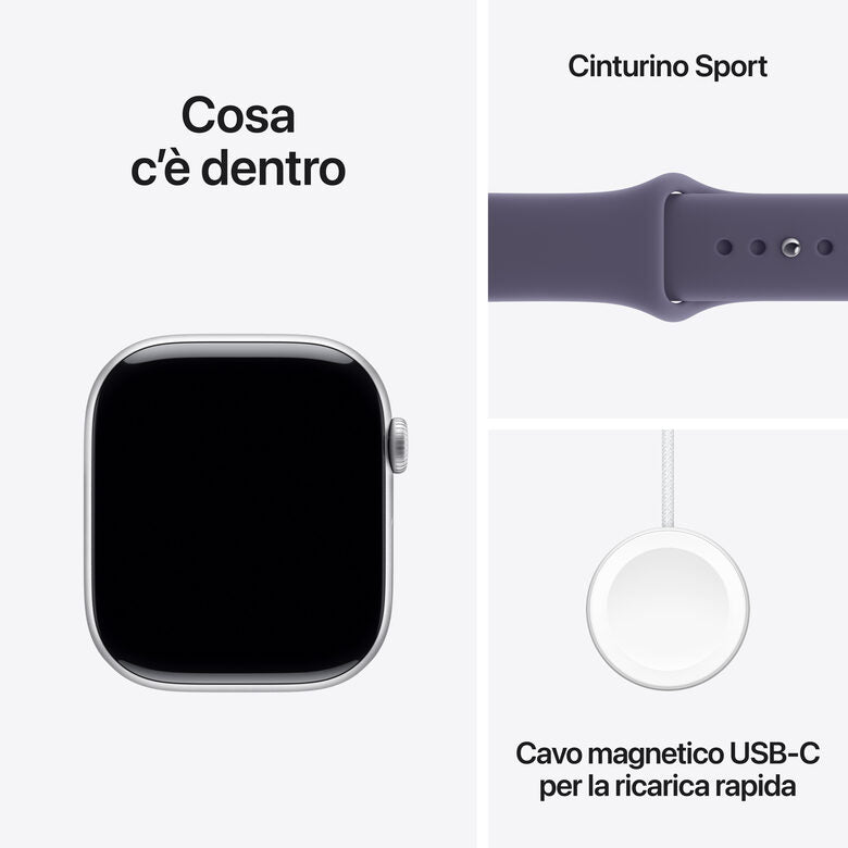 Apple Watch Series 11 GPS 46mm Cassa Alluminio Argento con Sport Band Viola Nebbia - M/L