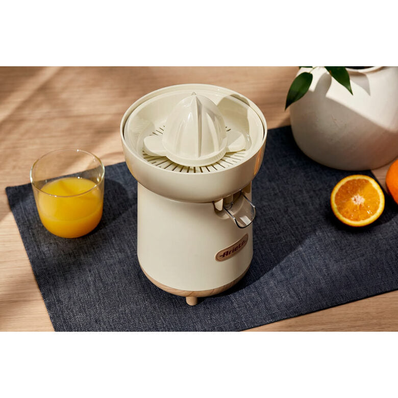 Ariete 417 Spremiagrumi Breakfast Wood, 40W, Effetto Legno, 2 Coni, Beccuccio Antigoccia, Attivazione a Pressione, Beige