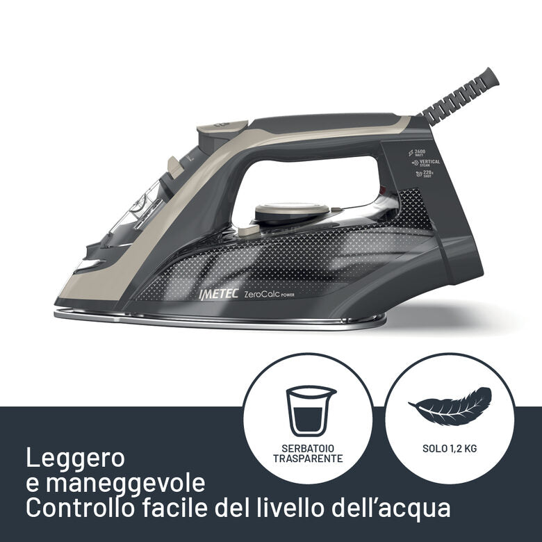 Imetec ZeroCalc Power - Ferro da Stiro da 2600W con Colpo di Vapore 220g,Piastra in Acciaio Satinato, Sistema Anticalcare, Leggero